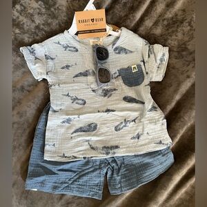 Rabbit + Bear Organic Kids Whale Print Shirt & Shorts Set with sunglasses